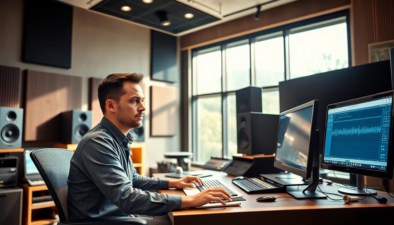 Engineer perfecting sound tracks with online audio mastering tools in a modern studio.