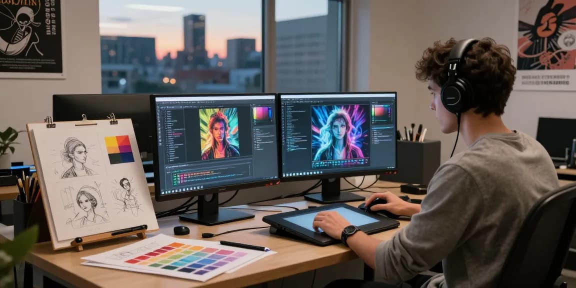 Creative individual generating NSFW AI art in a digital studio with vibrant city views.