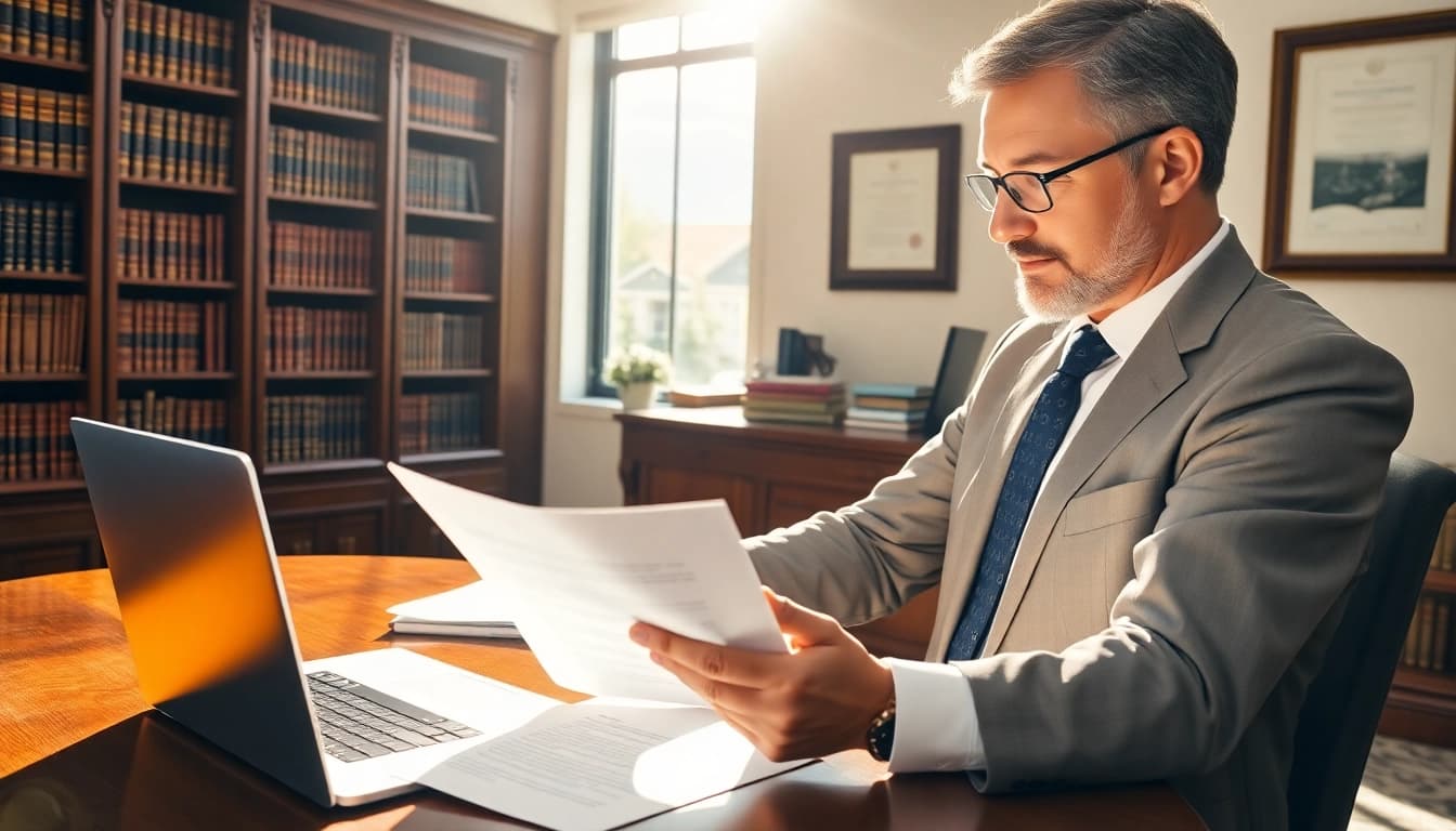 Attorney examining Wills in a sophisticated office environment.
