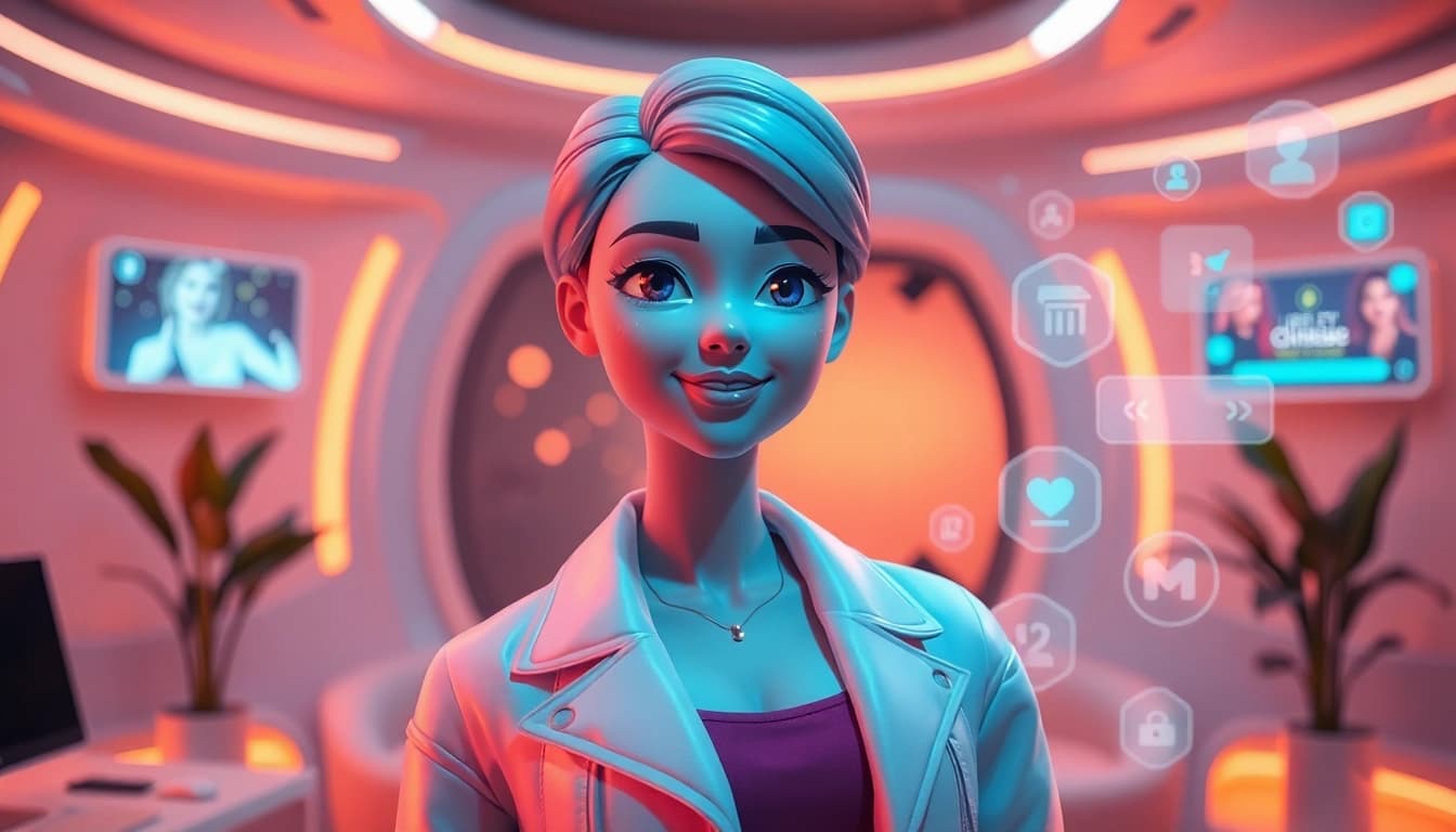 An AI girlfriend character in a futuristic setting, designed for user interactions, showcasing modern digital elements.