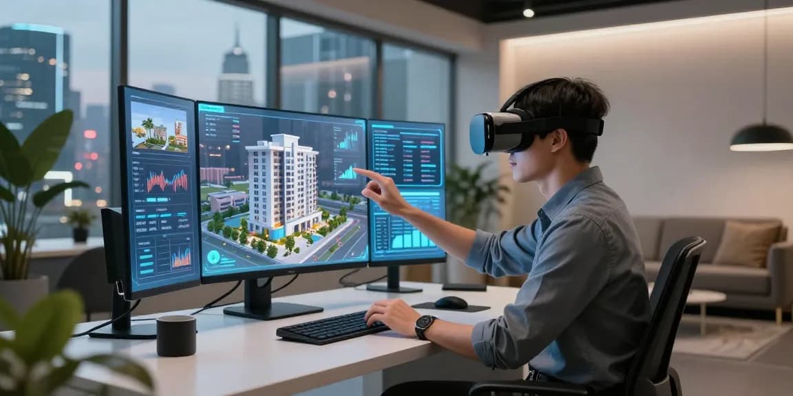 Engaging in a rokok88 login session in a futuristic workspace, exploring virtual property investment.