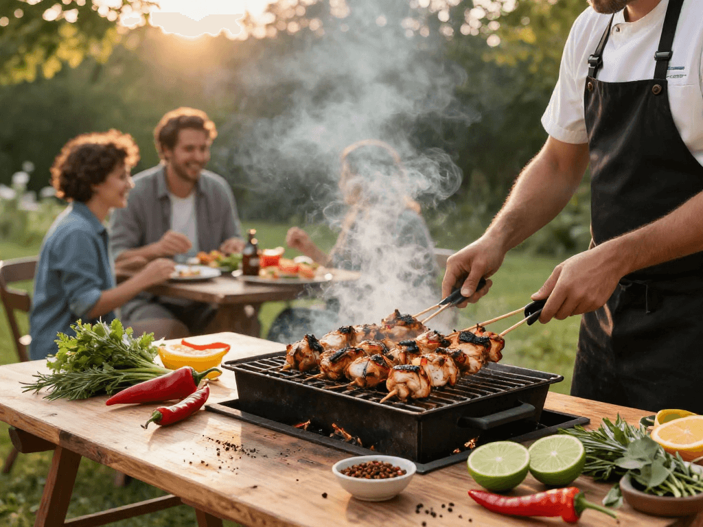 Flavorful grilled chicken skewers and fresh ingredients from sambalrawitankoko.com in a lively barbecue setting.