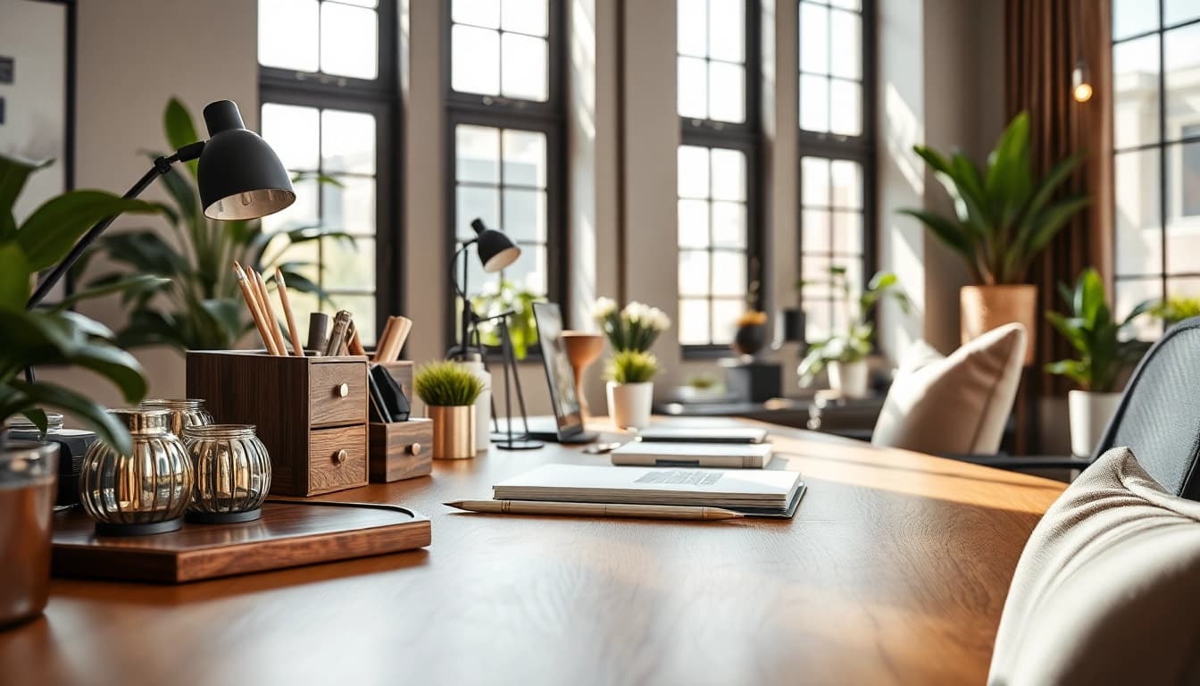 Furniture Accessories Supplier showcasing elegant desk accessories and cushions in a bright workspace.