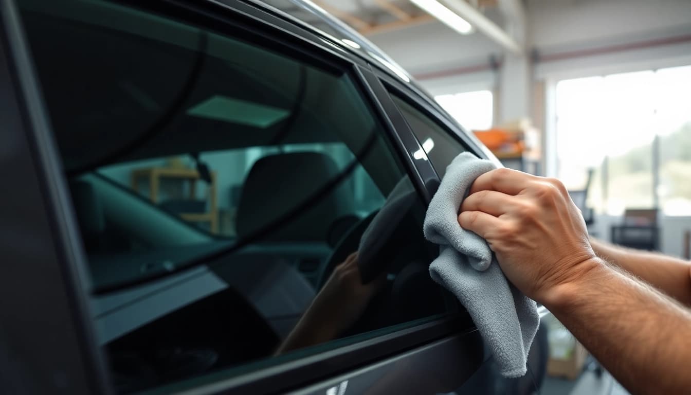 Apply window tint near me with precision in a professional garage setting.