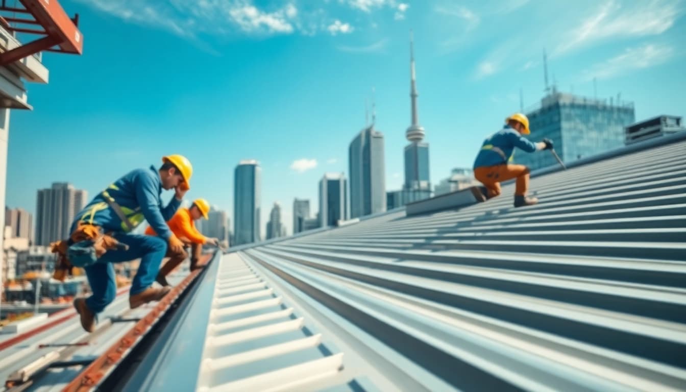 Install durable metal roofing toronto in a professional urban setting with skyline views.