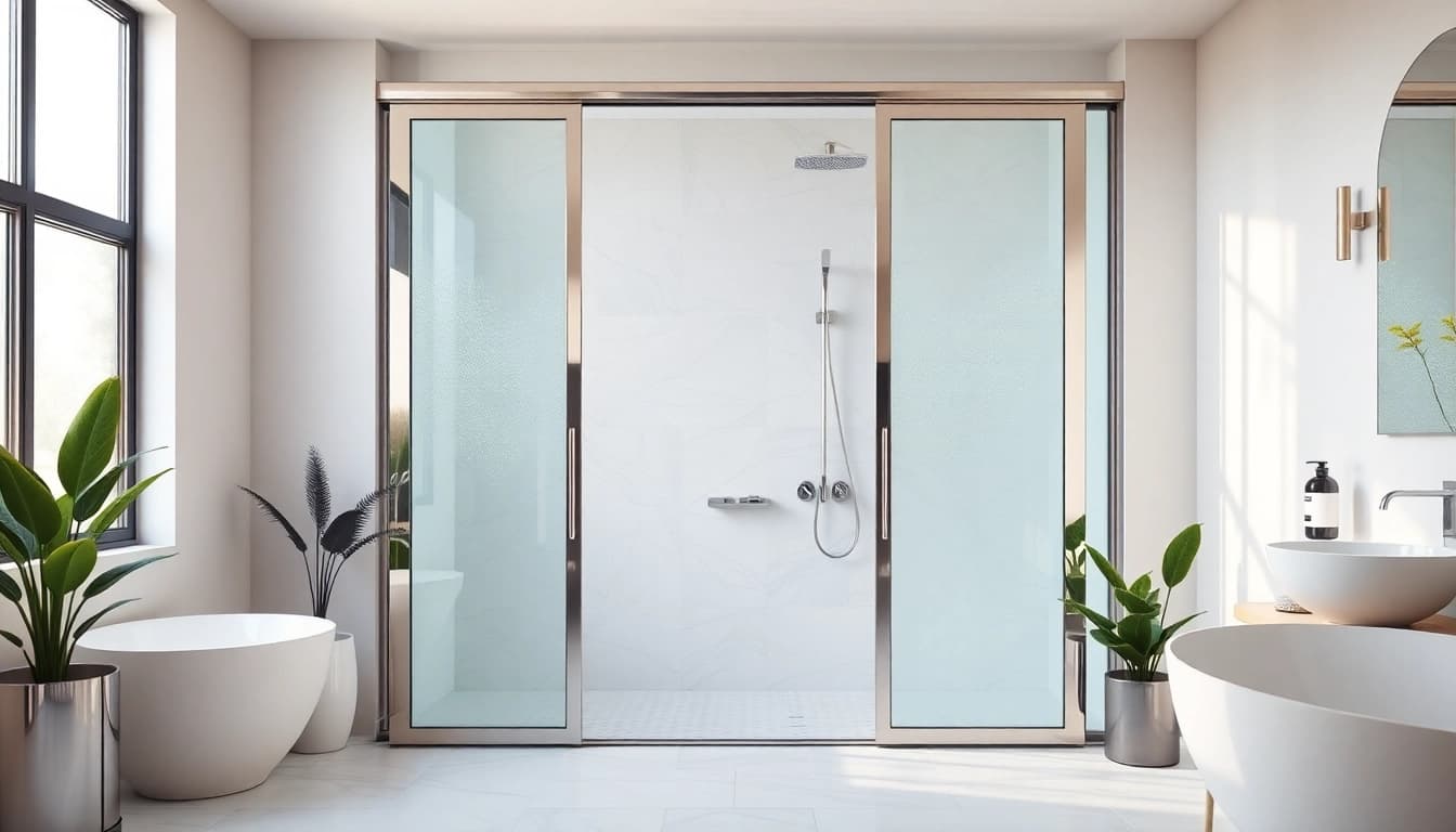 Showcasing sliding shower doors in a modern bathroom with elegant design and natural lighting.