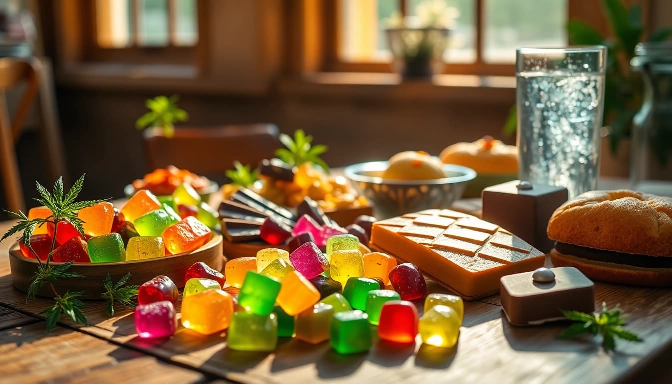 Delicious THC / CBD Infused Edibles UK artfully displayed on a wooden table.