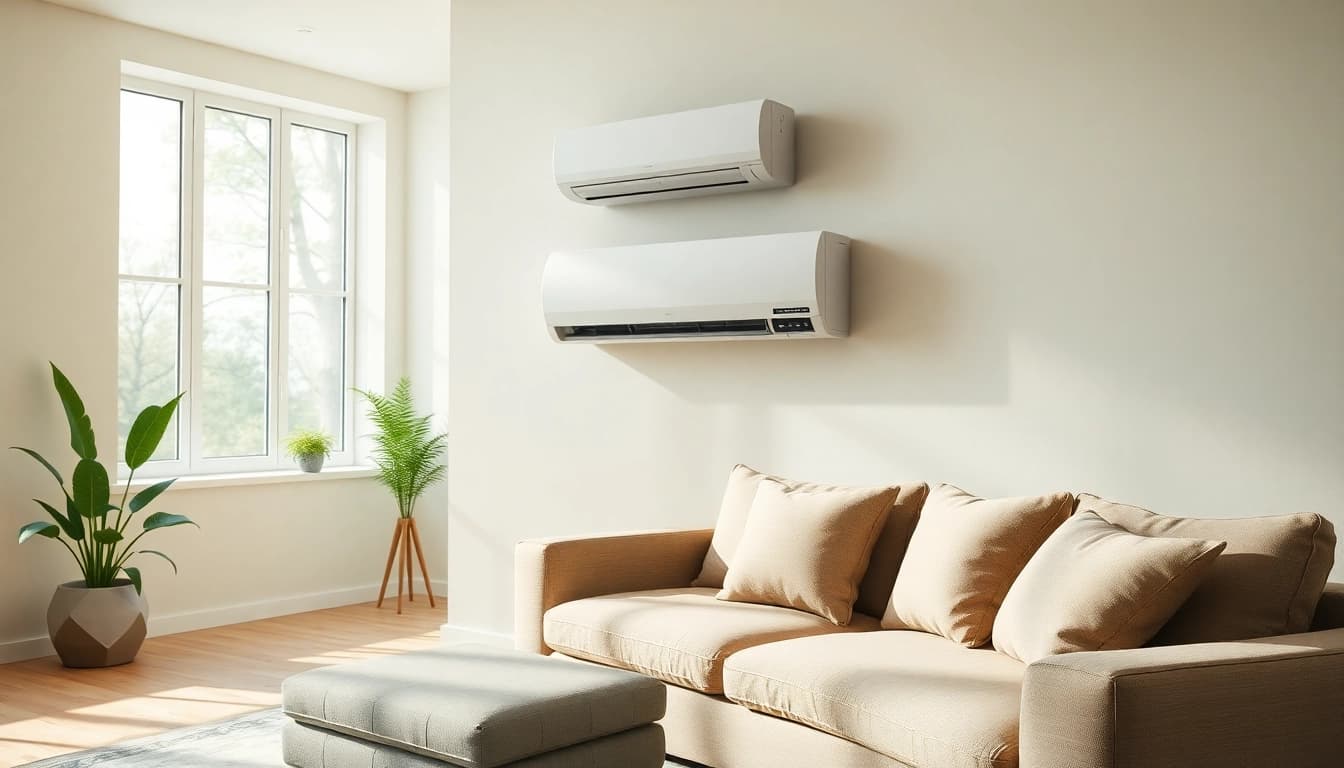 Install a mini split ac in a contemporary living room to enhance the space's comfort and style.