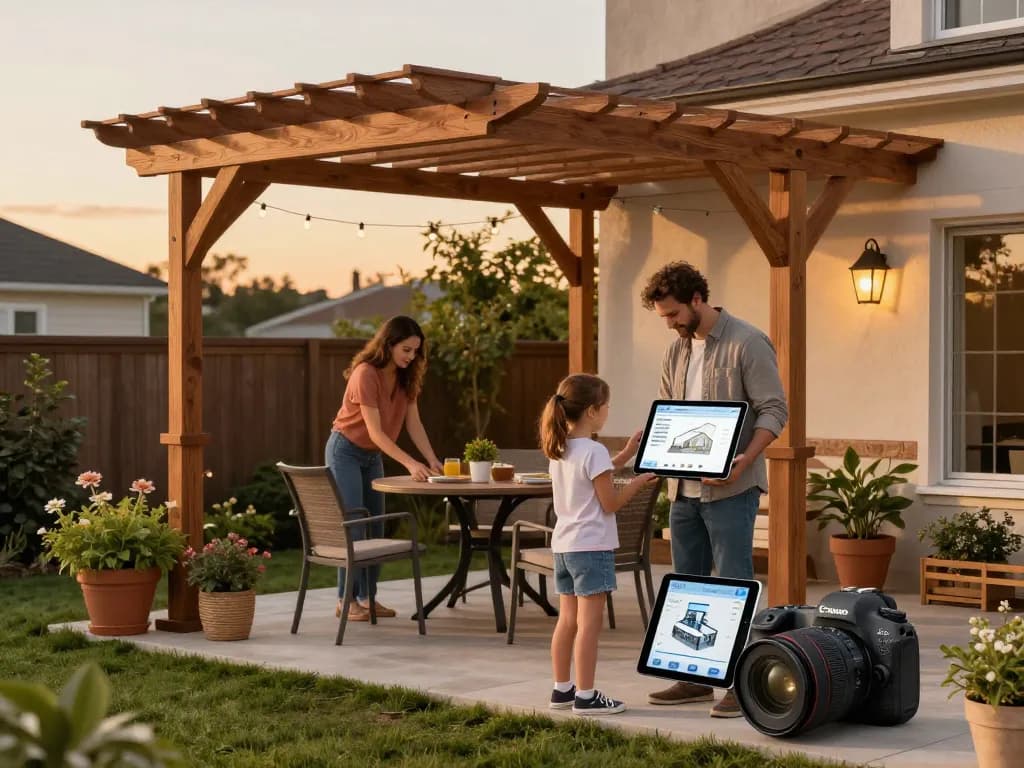 Family using a pergola configurator app to customize an outdoor pergola in a sunlit backyard.