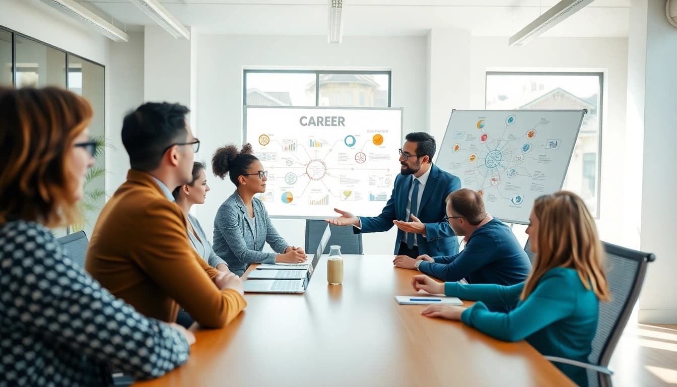 Learn how to find my perfect career with a professional consultant guiding a diverse group.