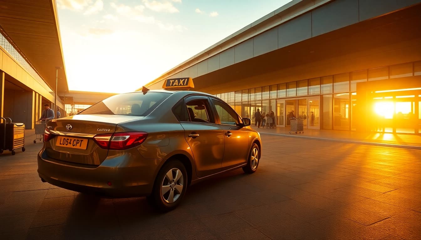Taxi waiting at Luton airport with passengers arriving and luggage.