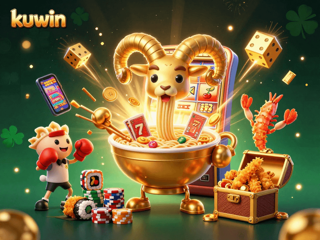 Kuwin offers thrilling casino experiences with a dynamic 3D cartoon scene of playful characters and exciting slot game elements.