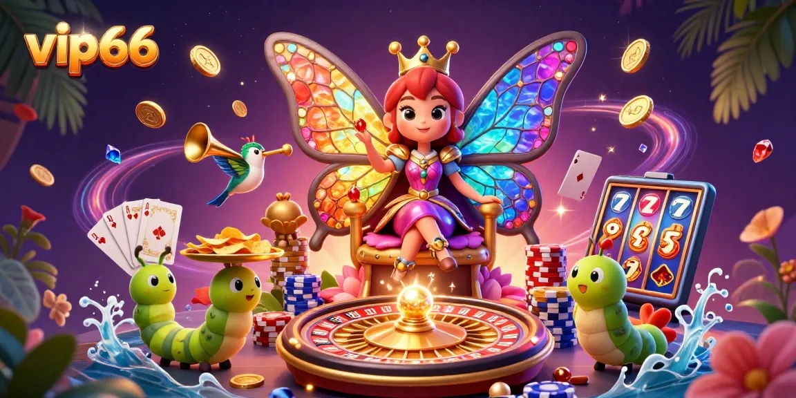 Experience the enchanting world of vip66 with a vibrant 3D casino illustration depicting a butterfly queen and gambling elements.