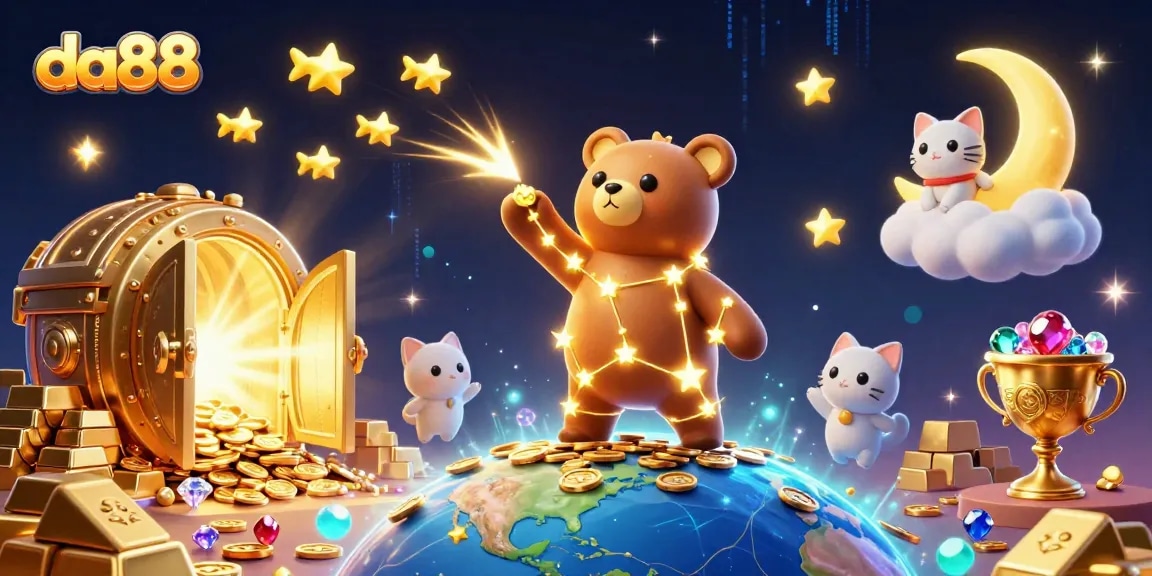 Join the da88 adventure in this vibrant casino-themed illustration featuring a bear and treasures.