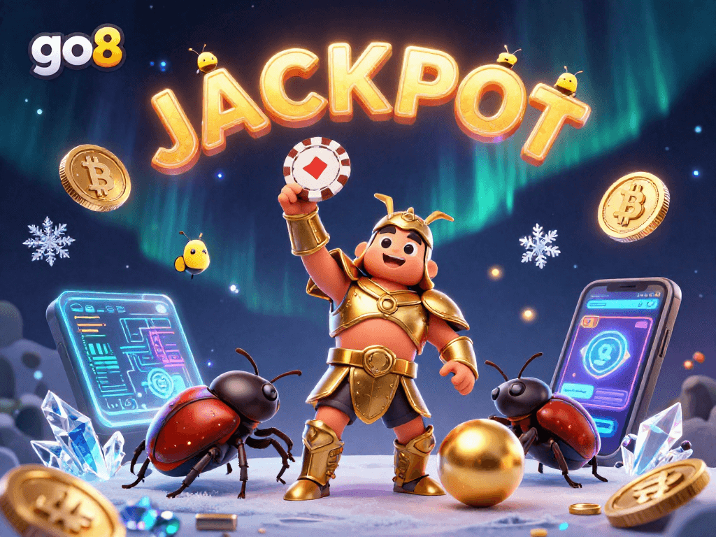 Engage with go8 and win big as a hercules beetle celebrates a jackpot with coins and excitement.