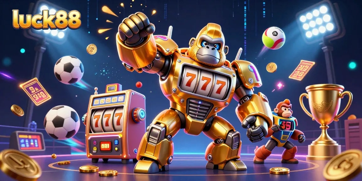 Bet on luck88 with an engaging scene illustrating a golden gorilla mech surrounded by sports elements.
