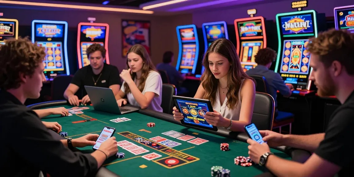Players enjoying non UK casinos, engaging in diverse games with vibrant screens and traditional casino elements.