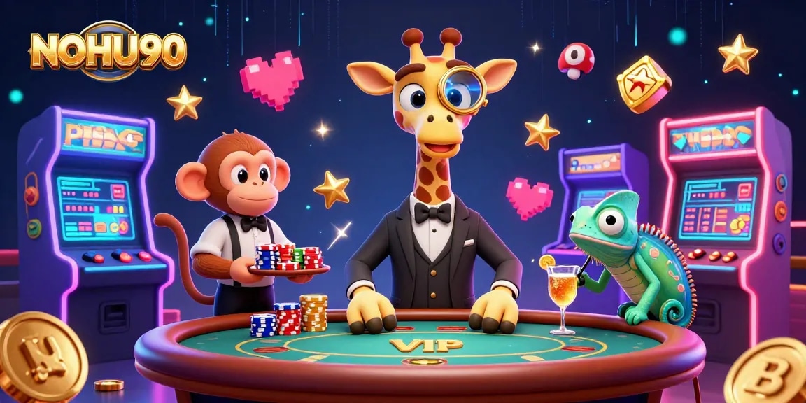 NOHU90 showcases a high-roller giraffe, monkey valet, and chameleon bartender amidst casino excitement.