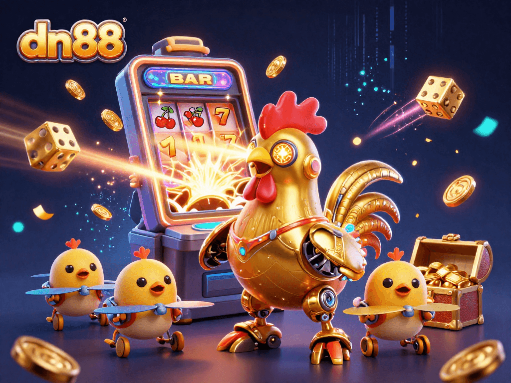 Experience thrilling gameplay with dn88's exciting 3D illustration of a golden rooster robot and baby chick drones.