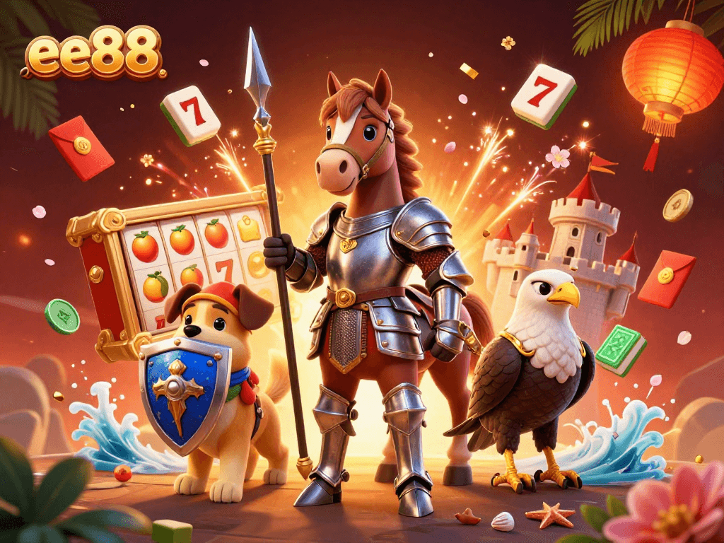 Engage in the excitement of ee88 with a lively casino scene featuring vibrant characters and slot reels