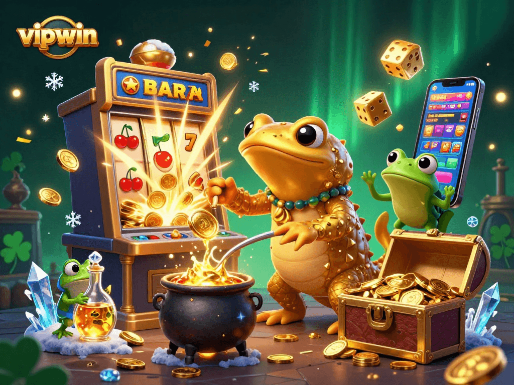 Win big with vipwin at a lively casino featuring a golden salamander and vibrant slot machines.