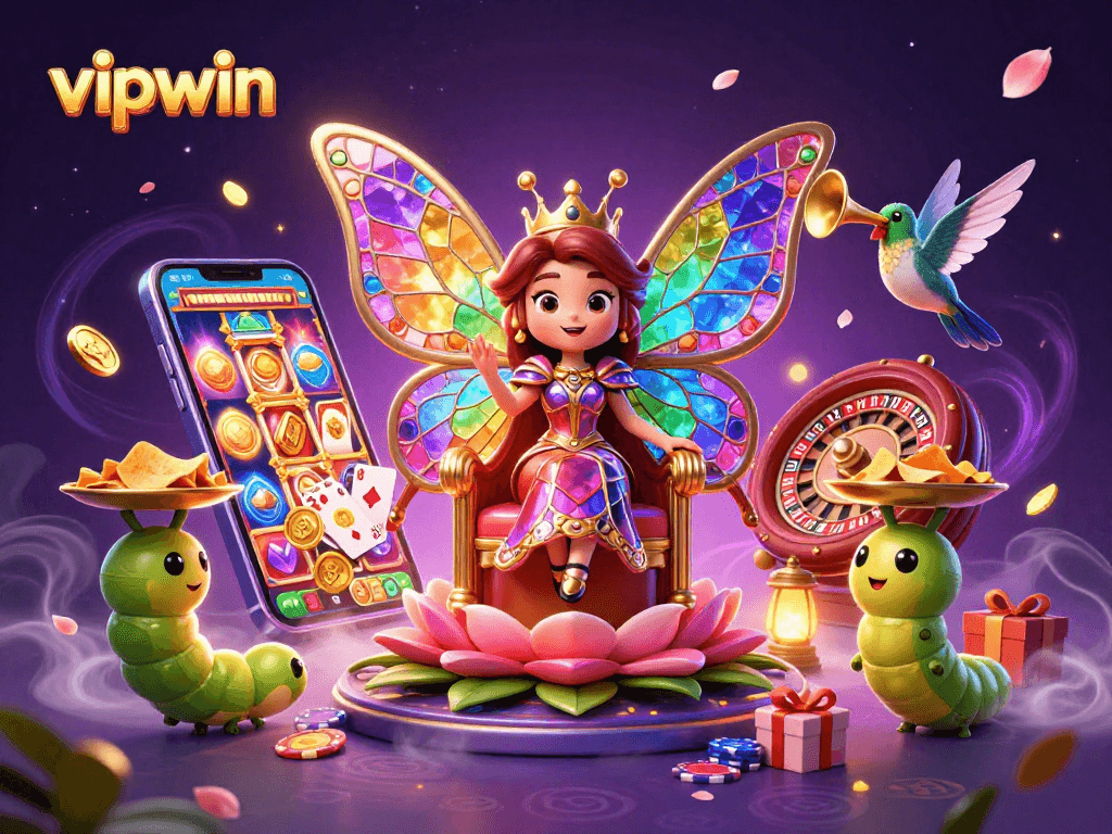 Experience the excitement of vipwin with a stunning 3D butterfly queen surrounded by casino elements.