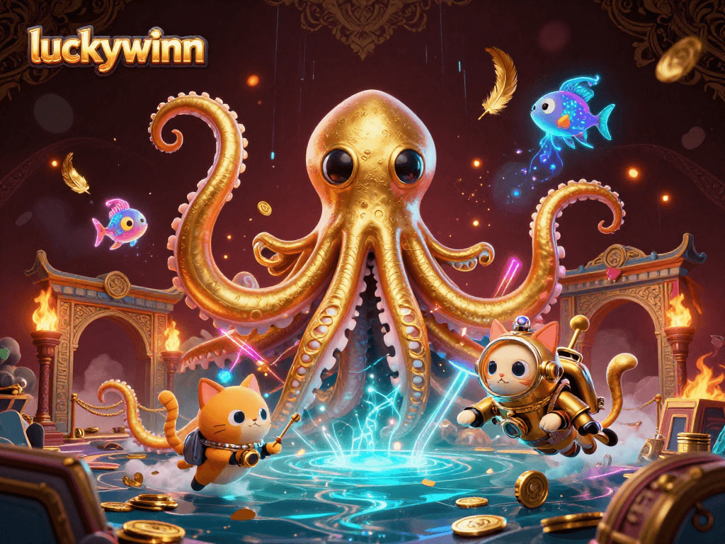 Experience thrilling wins at luckywinn with a 3D illustration of a kraken, diving cat, and deep-sea fish.