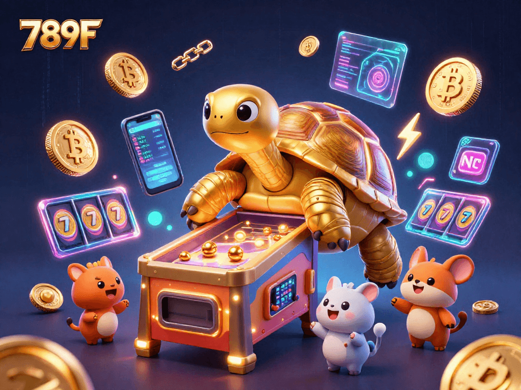 Play exciting games at 789F with a vibrant casino scene featuring a golden tortoise pinball machine and dazzling crypto elements.