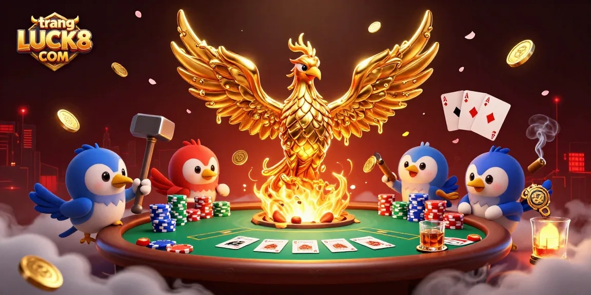 Engage with the excitement at trang LUCK8 COM featuring a molten phoenix theme and vibrant poker elements.