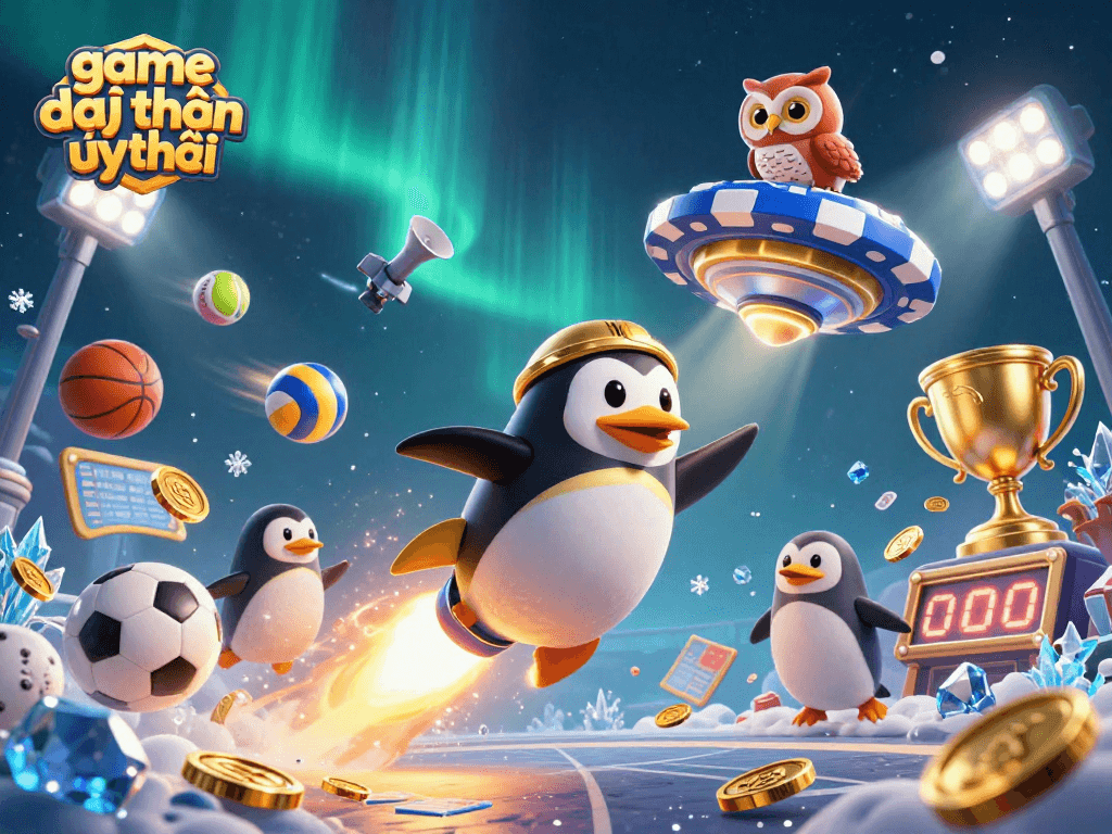 Play exciting games at game đổi thưởng uy tín, featuring a dynamic penguin and casino elements in space!