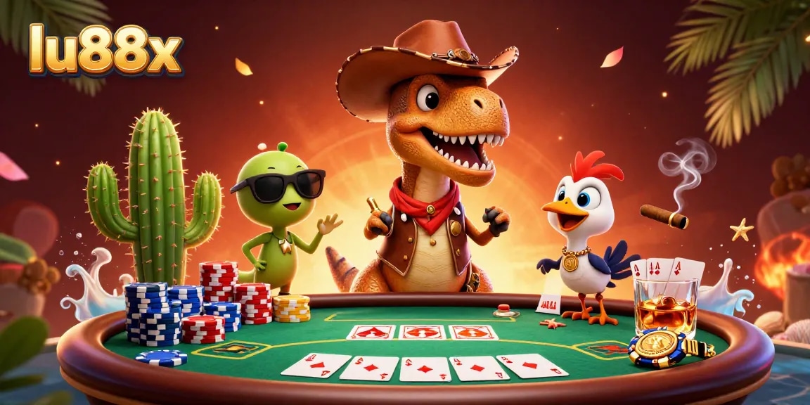 Catch the action at lu88x with a vibrant poker scene featuring a cowboy dinosaur and friends.