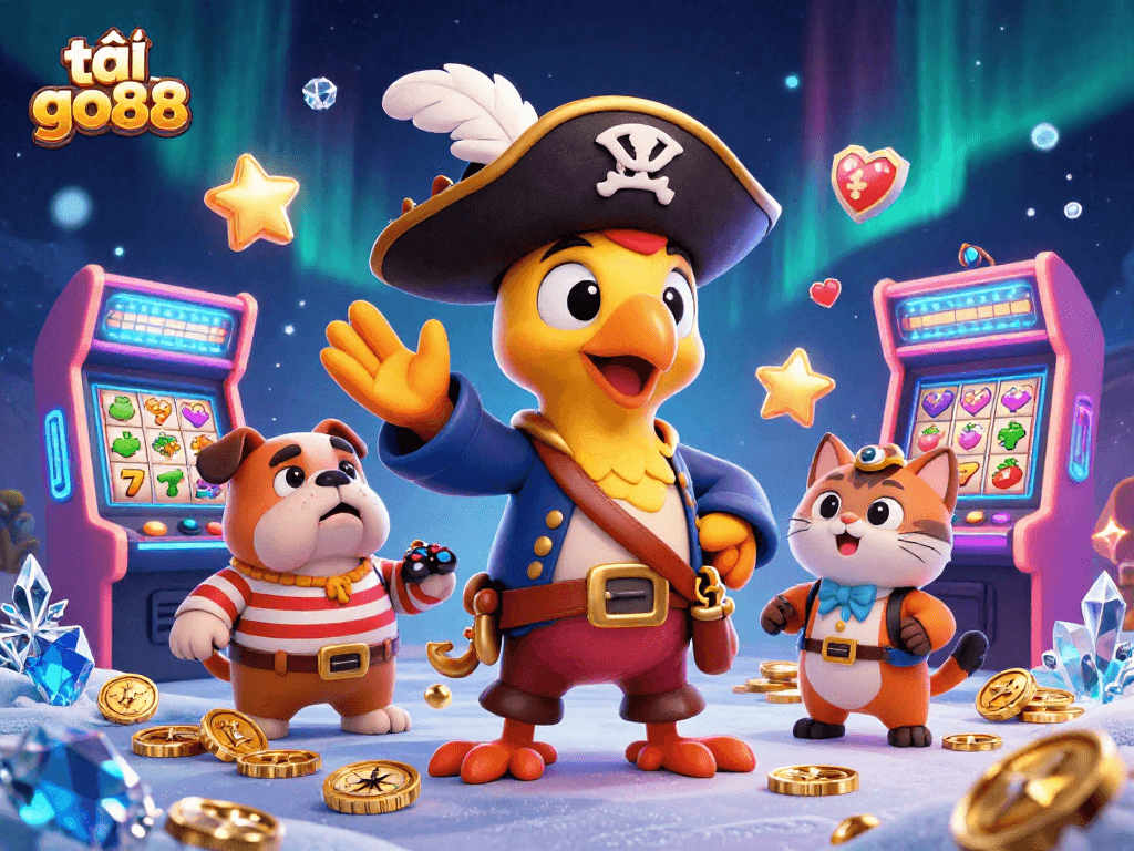 Engage in thrilling gameplay with tải go88 as a cartoon pirate captain leads the adventure in a vibrant casino realm.