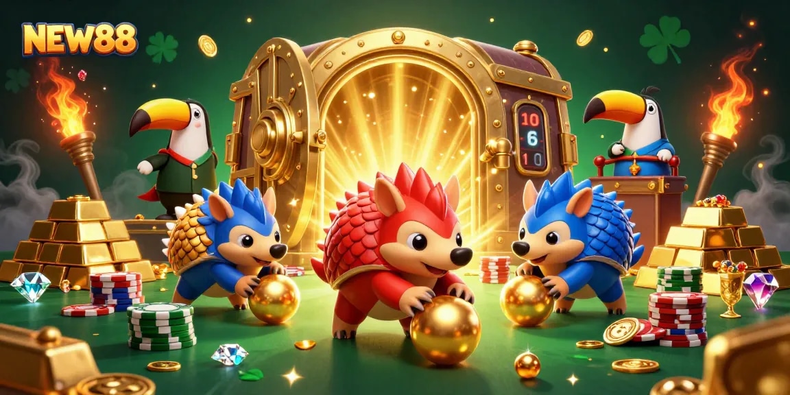 Engage in thrilling gaming action with NEW88 where animated pangolins bowl through poker chips.
