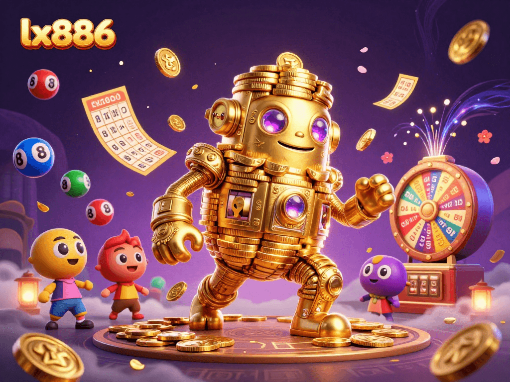 Win big with lx886 at this vibrant 3D casino illustration featuring games and riches.
