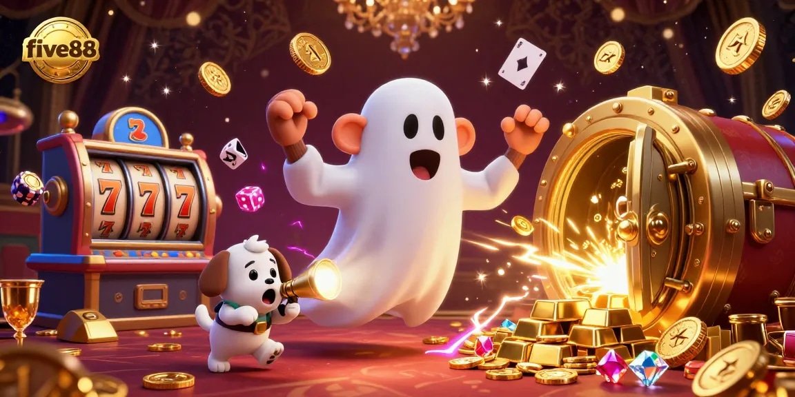 Experience the vibrant five88 casino scene with a playful ghost-hunter puppy tracking a mischievous poltergeist monkey among golden treasures.