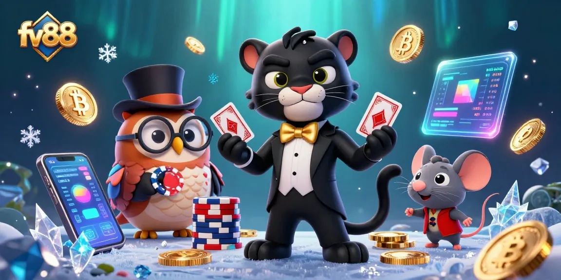 Engage in thrilling card play at fv88 with a tuxedo-clad panther, charming owl, and lucky mouse.