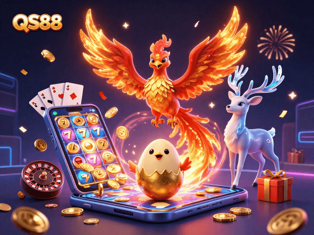 Win big with QS88 in a vibrant 3D casino scene featuring a phoenix and exciting game elements.