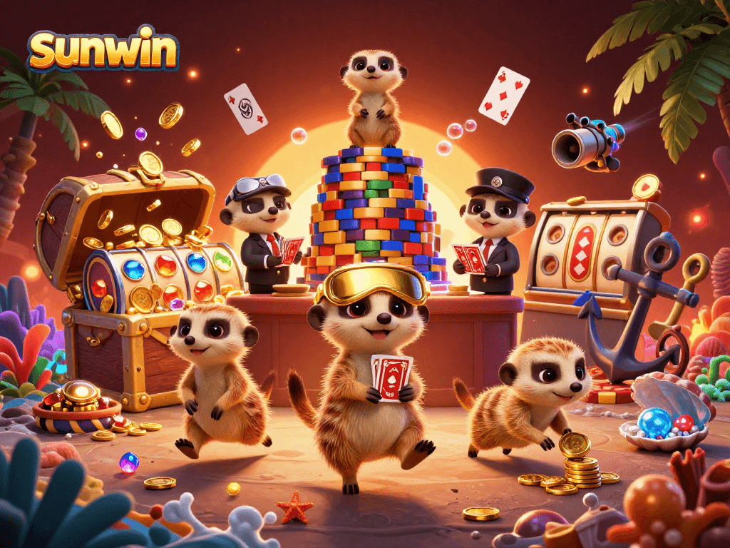 Experience the thrill of Sunwin's casino with meerkats managing games and treasures.