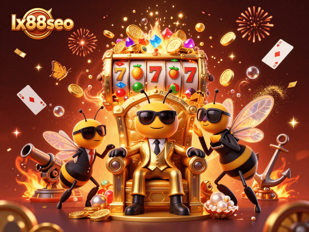 Join the lx88seo casino adventure with a bustling scene of games featuring lively bees and gems.