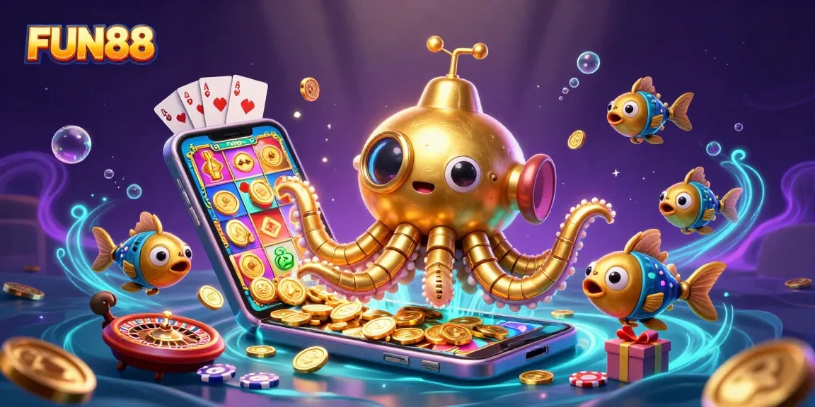 Experience FUN88 with a vibrant 3D casino scene featuring the golden kraken and casino elements.