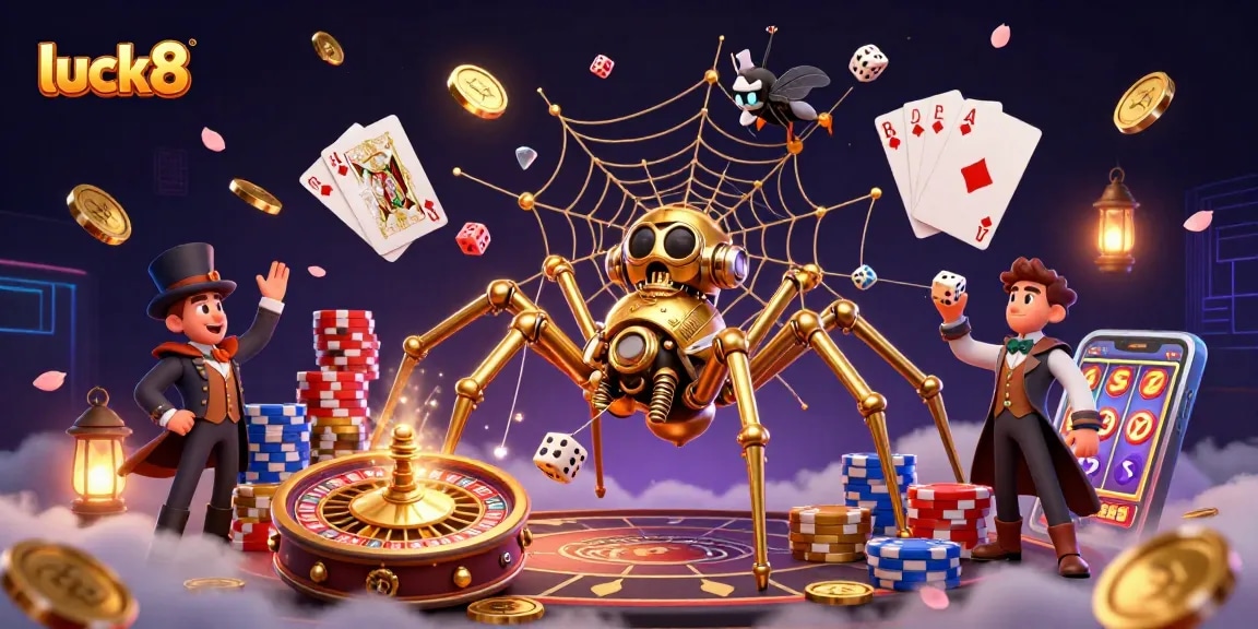 luck8 showcases a vibrant 3D casino scene with golden spider and playful characters capturing the essence of chance.