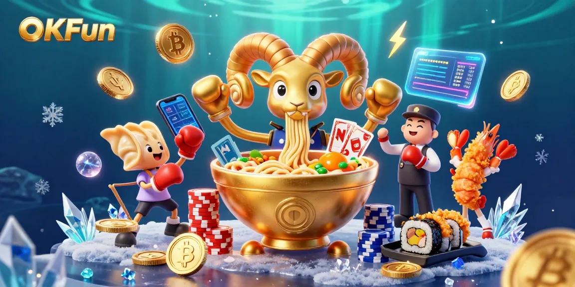 Spin and win at OKFun with a 3D cartoon illustration featuring animated casino characters and neon crypto elements.