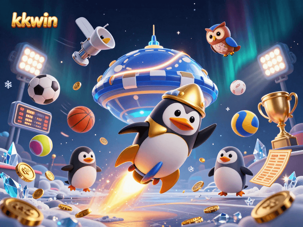 Engage with kkwin's thrilling adventures as a golden penguin navigates through a vibrant casino space.