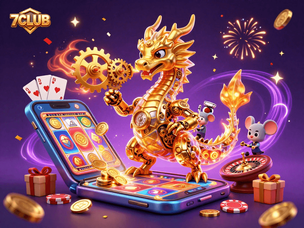 Engage with vibrant 7CLUB experiences featuring a golden dragon, slot games, and festive gaming elements.
