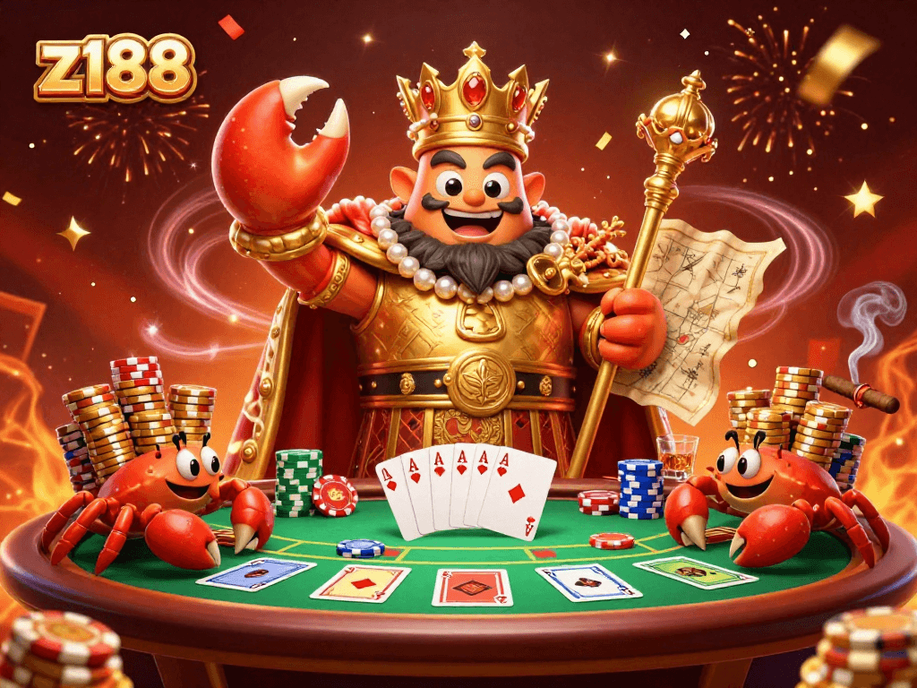 Enjoy z188 and experience thrilling poker action with a majestic golden crab and vibrant game elements.