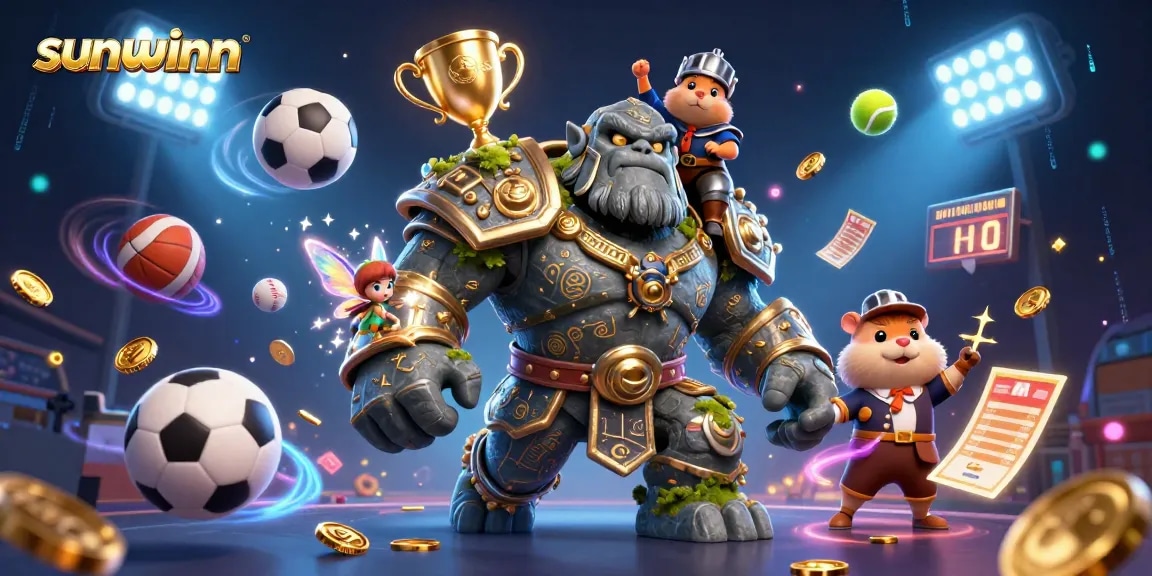 Sunwinn elevates gameplay with a magical scene featuring a golem guardian, fairy companion, and vibrant gaming elements.