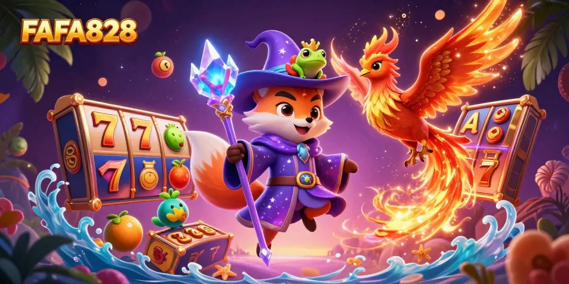Join the magic of FAFA828 as the wizard fox conjures slot reels and jackpots with a phoenix companion in a colorful 3D illustration.