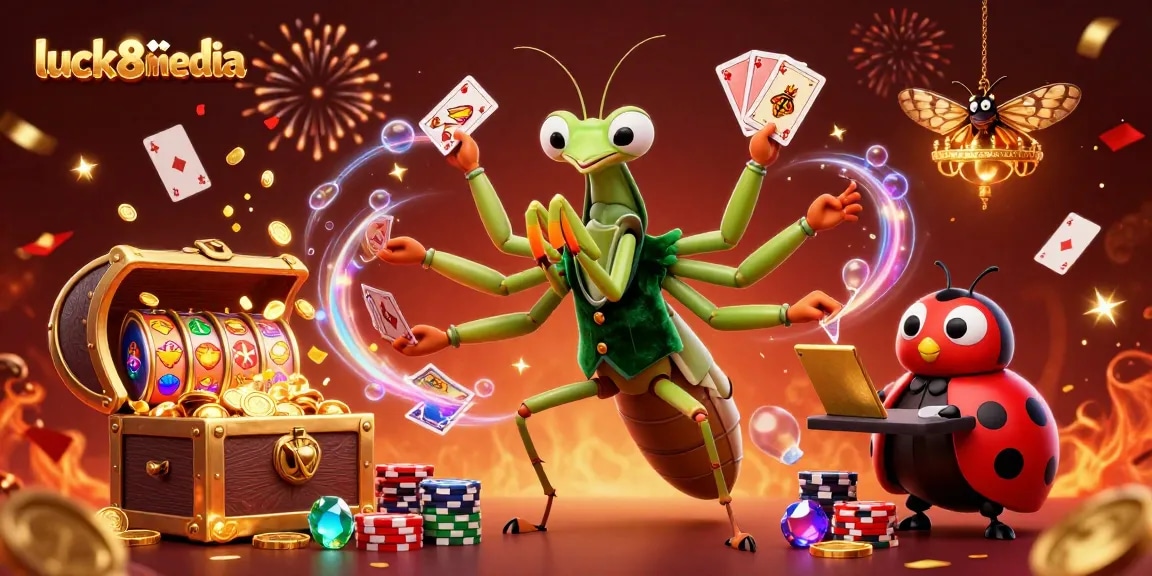 Spin the reels and win with luck8media in a vibrant casino scene featuring animated characters.