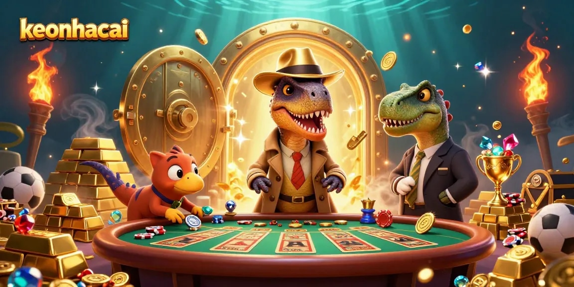 keonhacai features a velociraptor card counter at a dynamic sports betting scene, surrounded by rich gold and gems