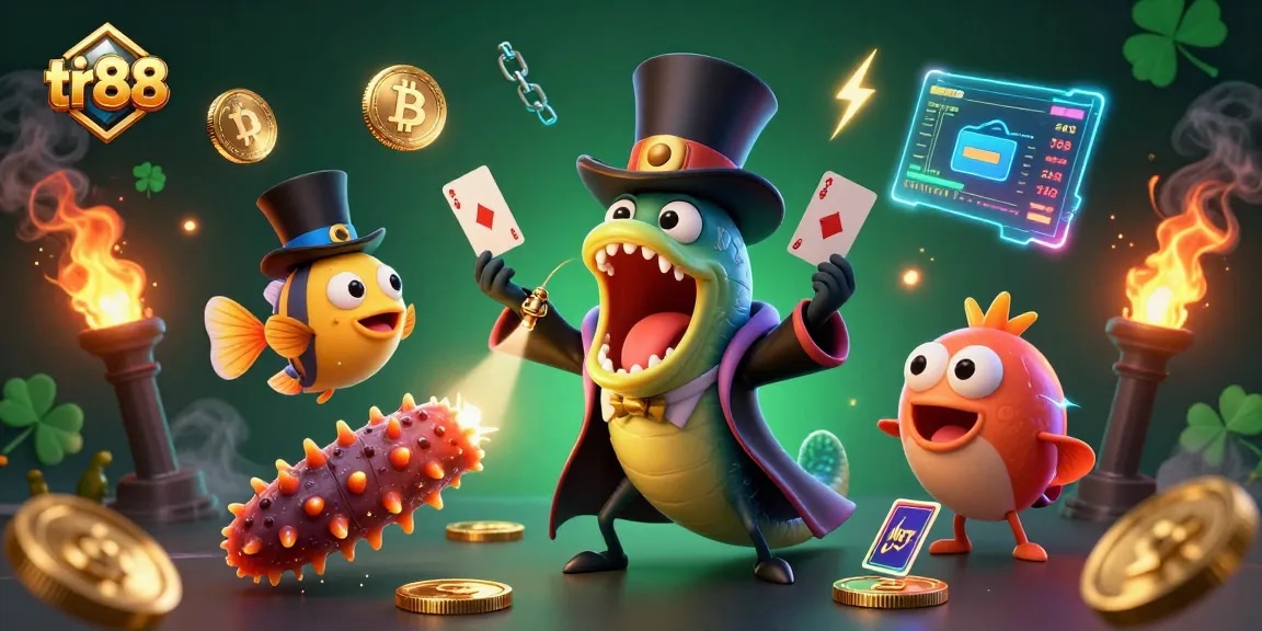 Engage in vibrant tr88 casino experiences with a bioluminescent eel performing magic acts.